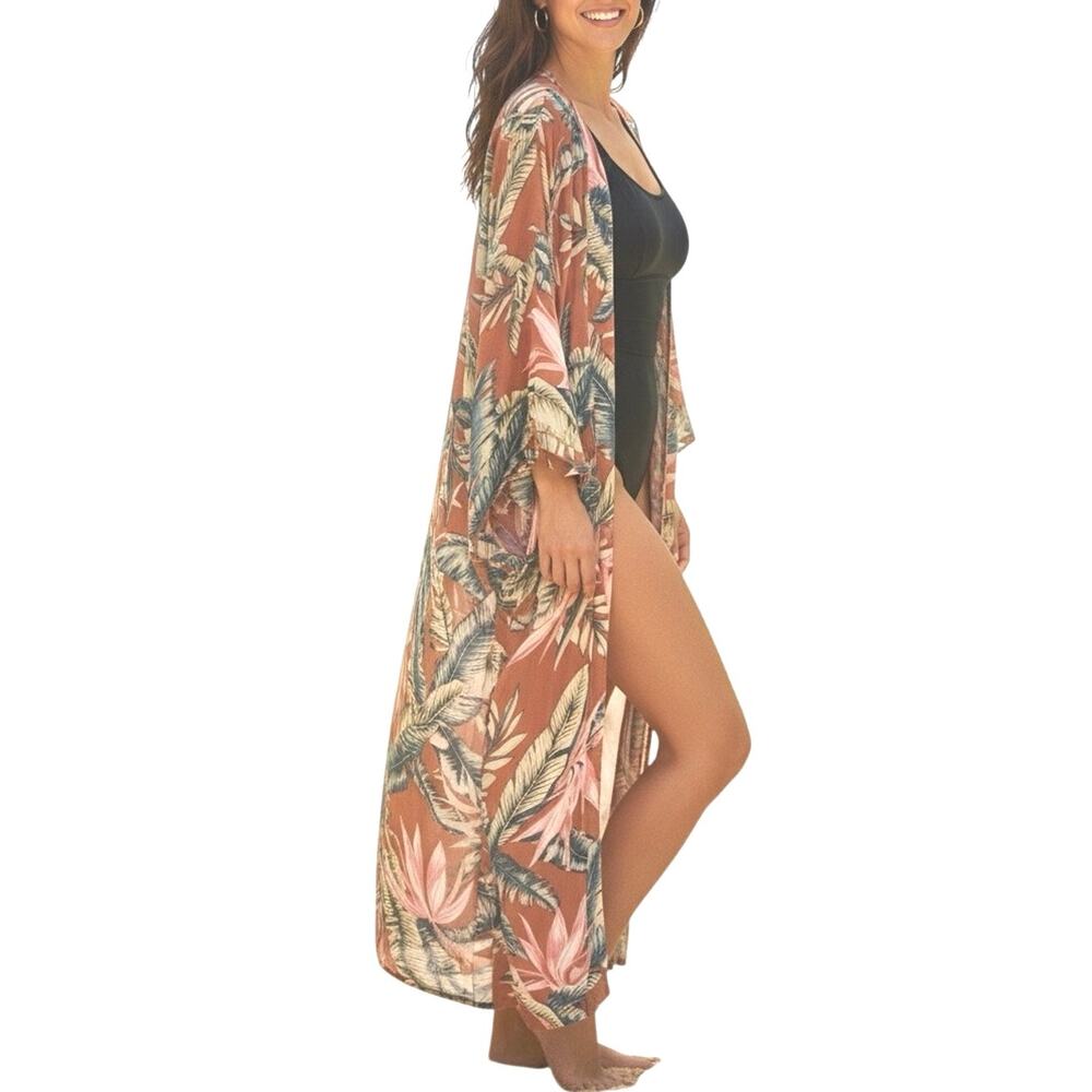 Loft Women’s Tangerine Floral Kimono Coverup Long Sleeve Flowy Modal M/L